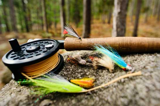 Fly fishing rod sitting on a rock