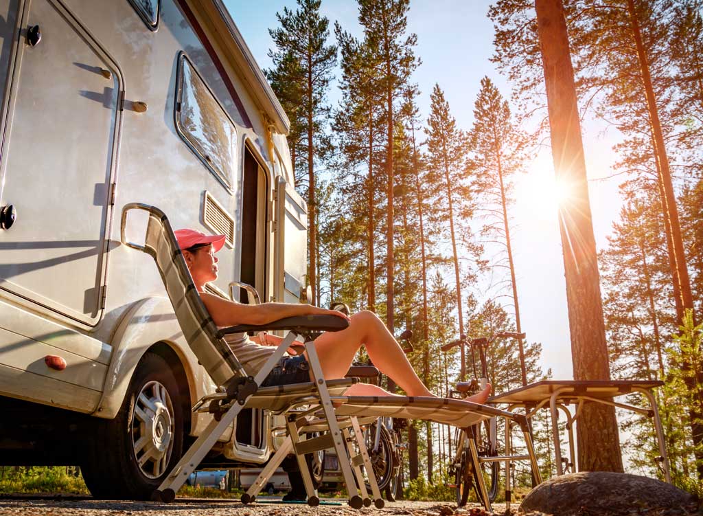 Woman sitting on chair outside of RV