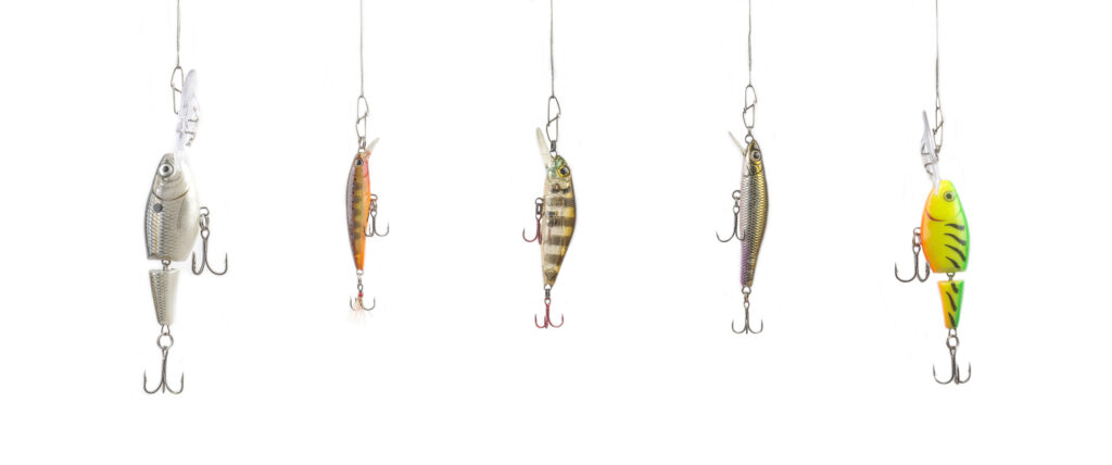 Five fishing wobblers isolated on a white background