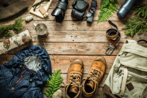 Camping or adventure trip scenery concept (flat lay)