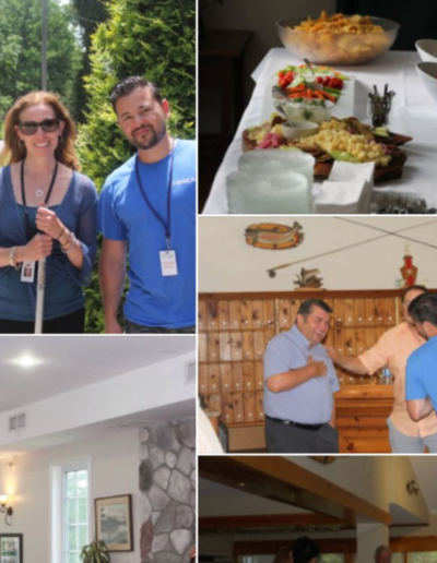A three-paneled photo collage showing a couple standing on a dock, a table spread with catered buffet dishes, and guests socializing inside the wood-paneled lodge dining room.