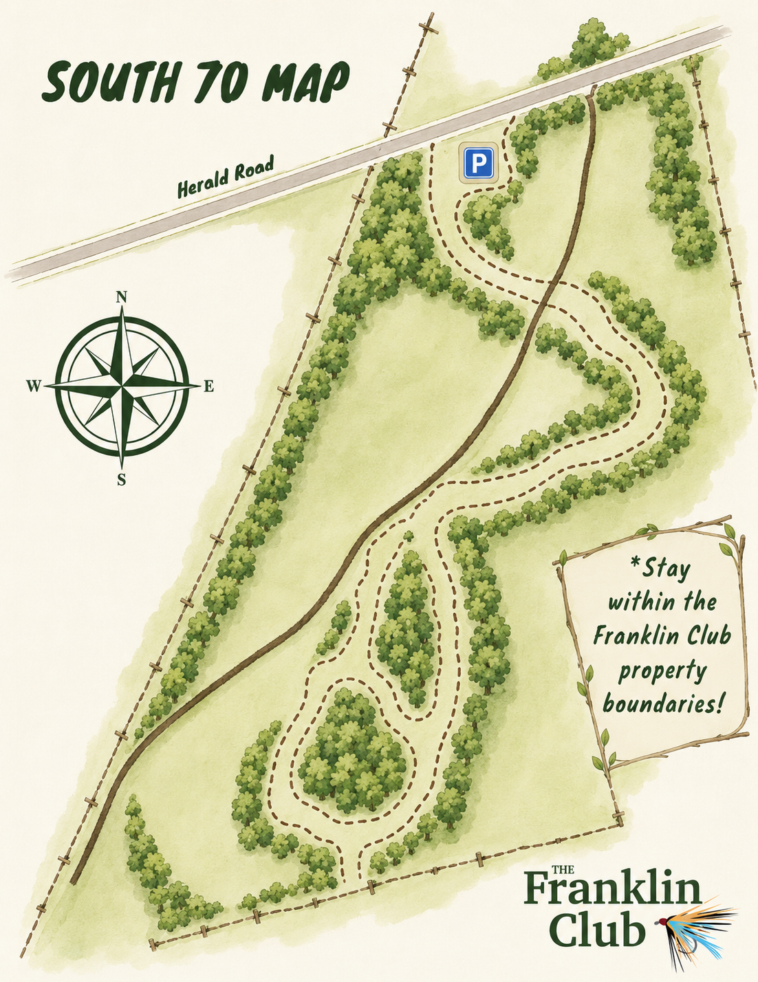 South-70-Colour-map-2023.webp An illustrated property map of The Franklin Club grounds showing Franklin Lake, campsites, roads, and key amenities.